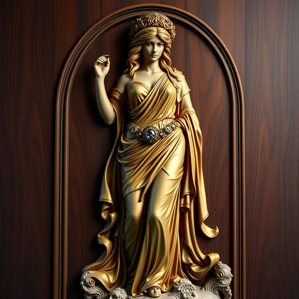 Roman Goddess Statue Carved in Wood, Art Nouveau Style