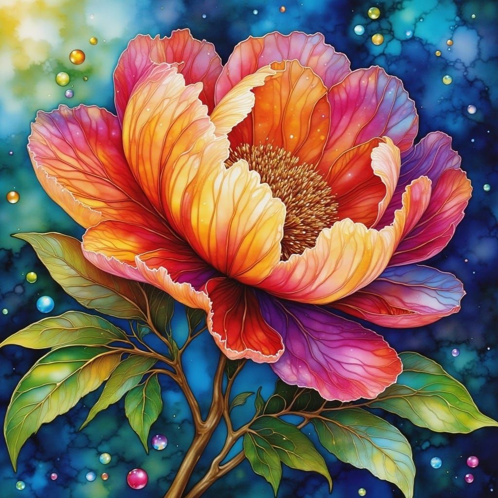 Peony in Moku Hanga Style with Dewdrops