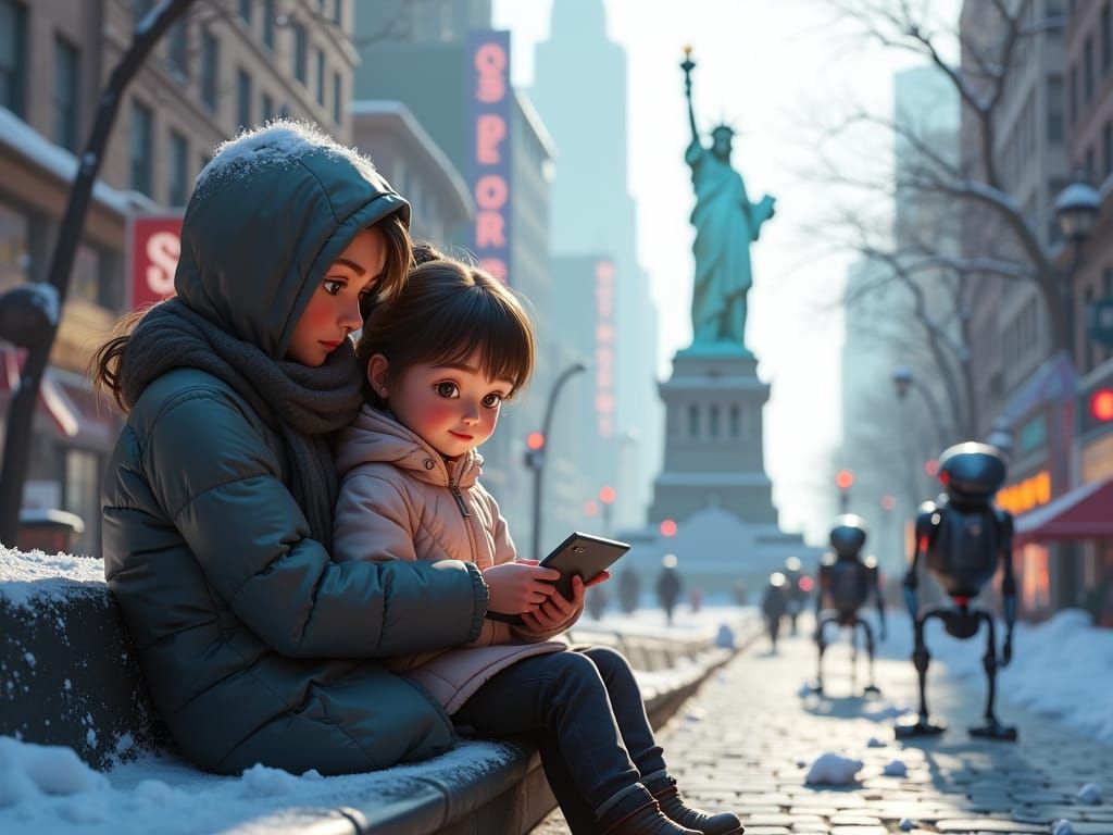 Winter Scene in a Paralyzed New York City, 3D Cartoon Style