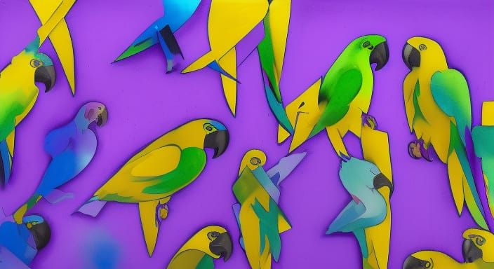 Parrots Descending on New York City in Cubist Graffiti Style
