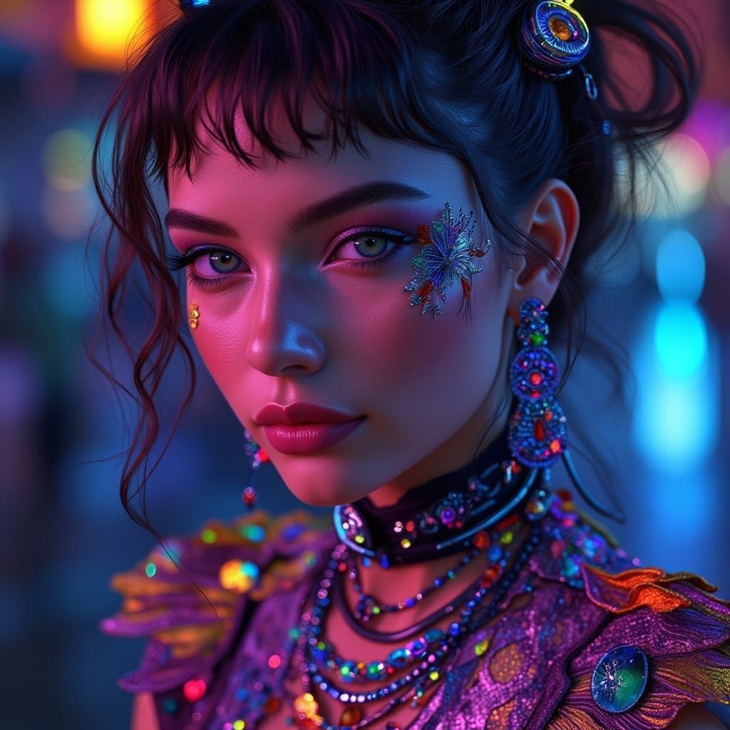 Hyperrealistic Woman in Colorful Futuristic Attire