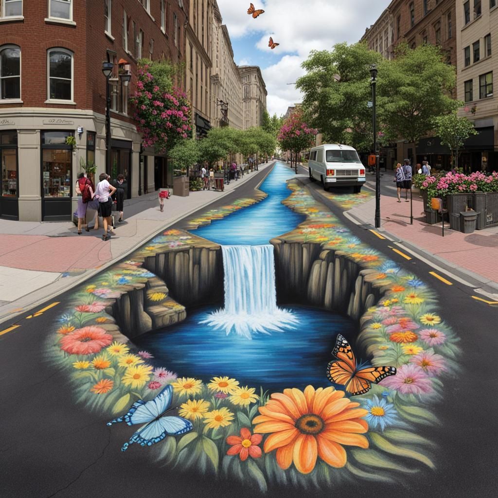 Charming Chalk Art Waterfall Scene