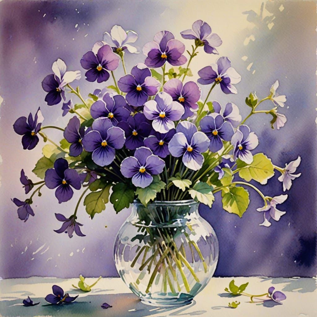 Watercolor Violets in Vase: Impressionist Botanical Art
