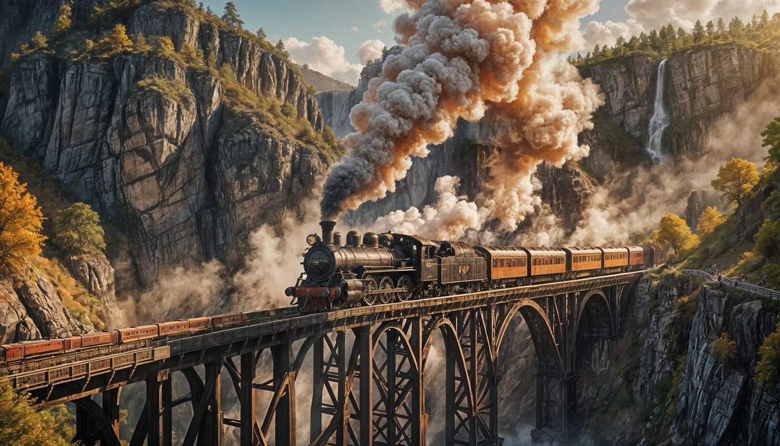 Steam Train Crossing Gorge as Detailed Matte Painting