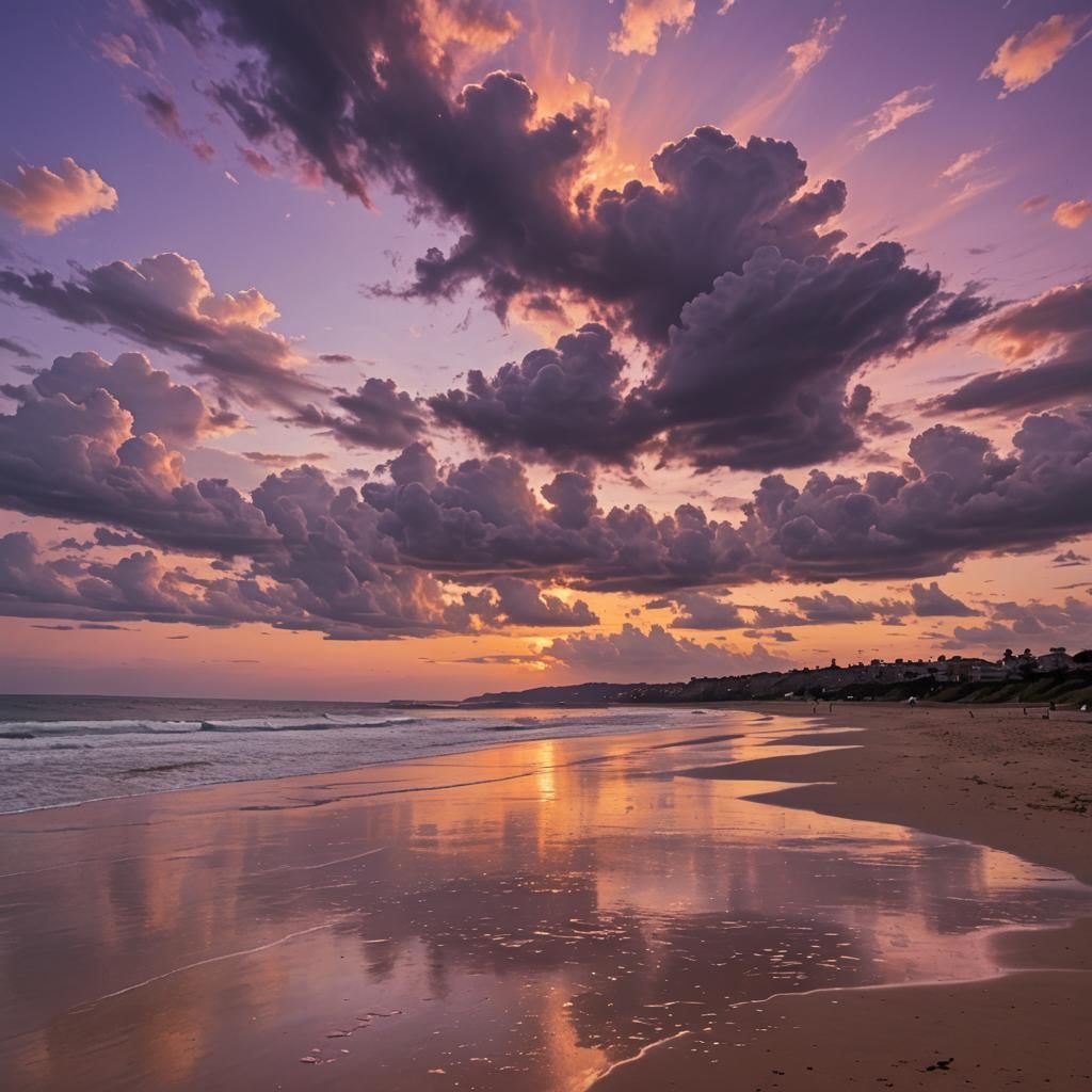 Beach Sunset with Warm Colors and Purple Clouds
