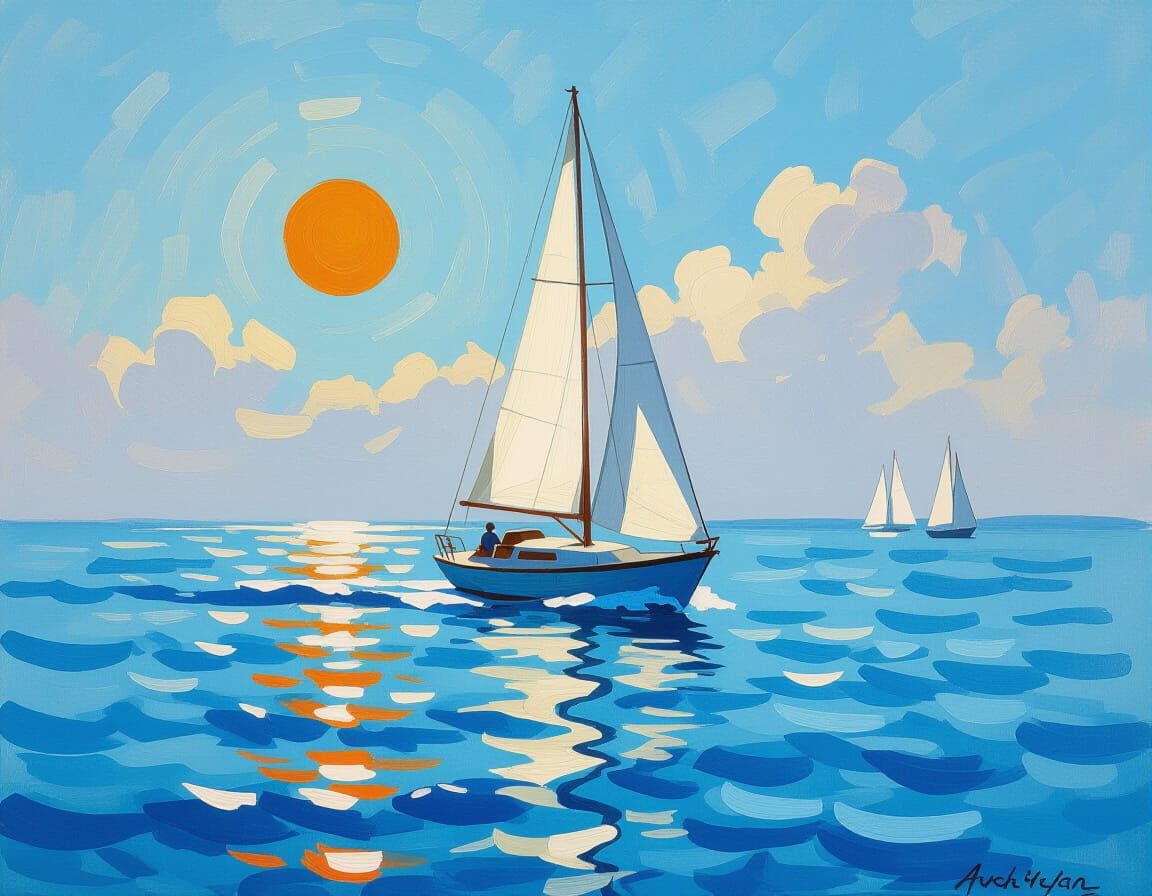 Sailboat at Sea in Impressionist Style
