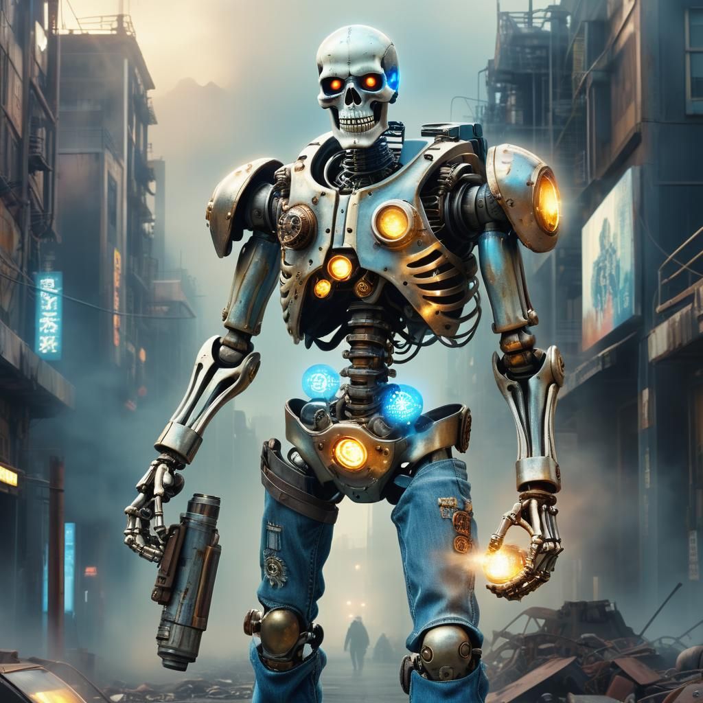 Cyborg with Glowing Bomb in Retro-Futuristic Cityscape