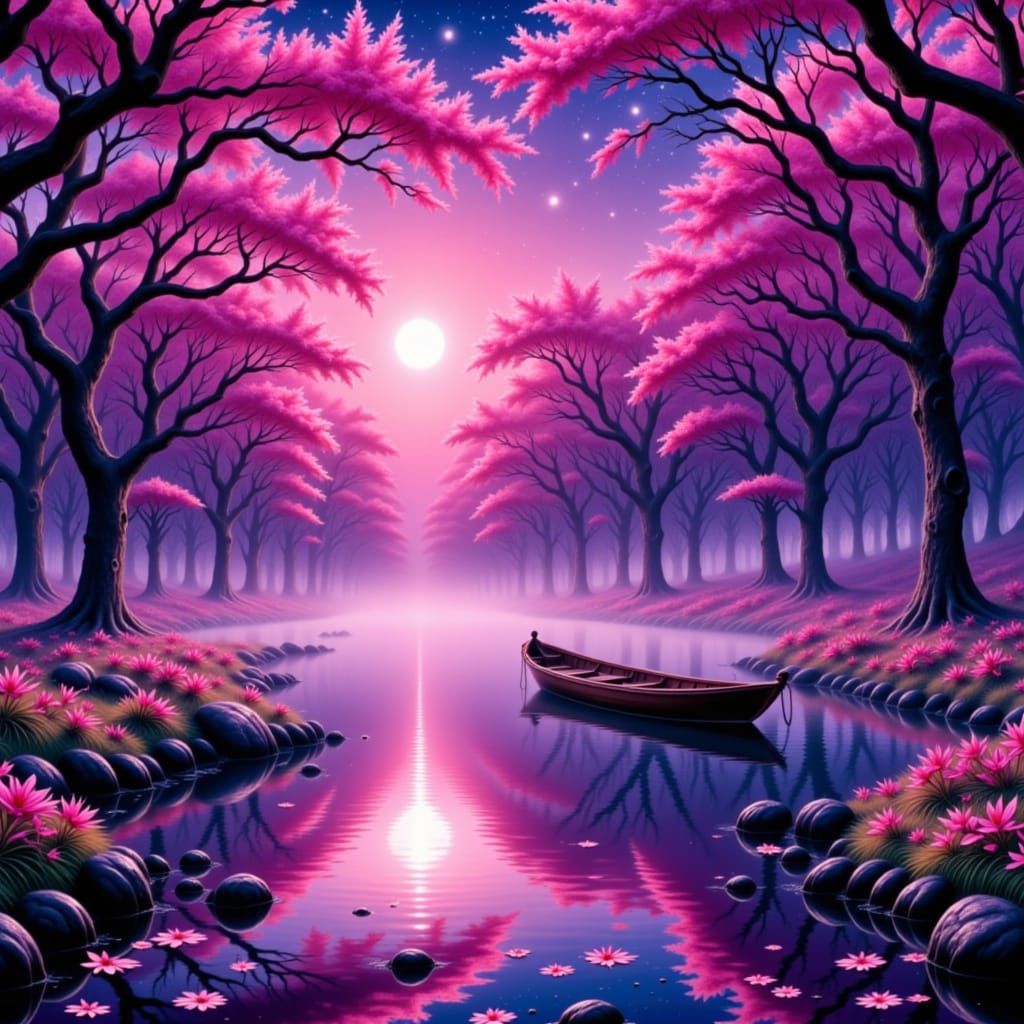 Ornate Boat on Fuchsia Lake, Fantasy Landscape