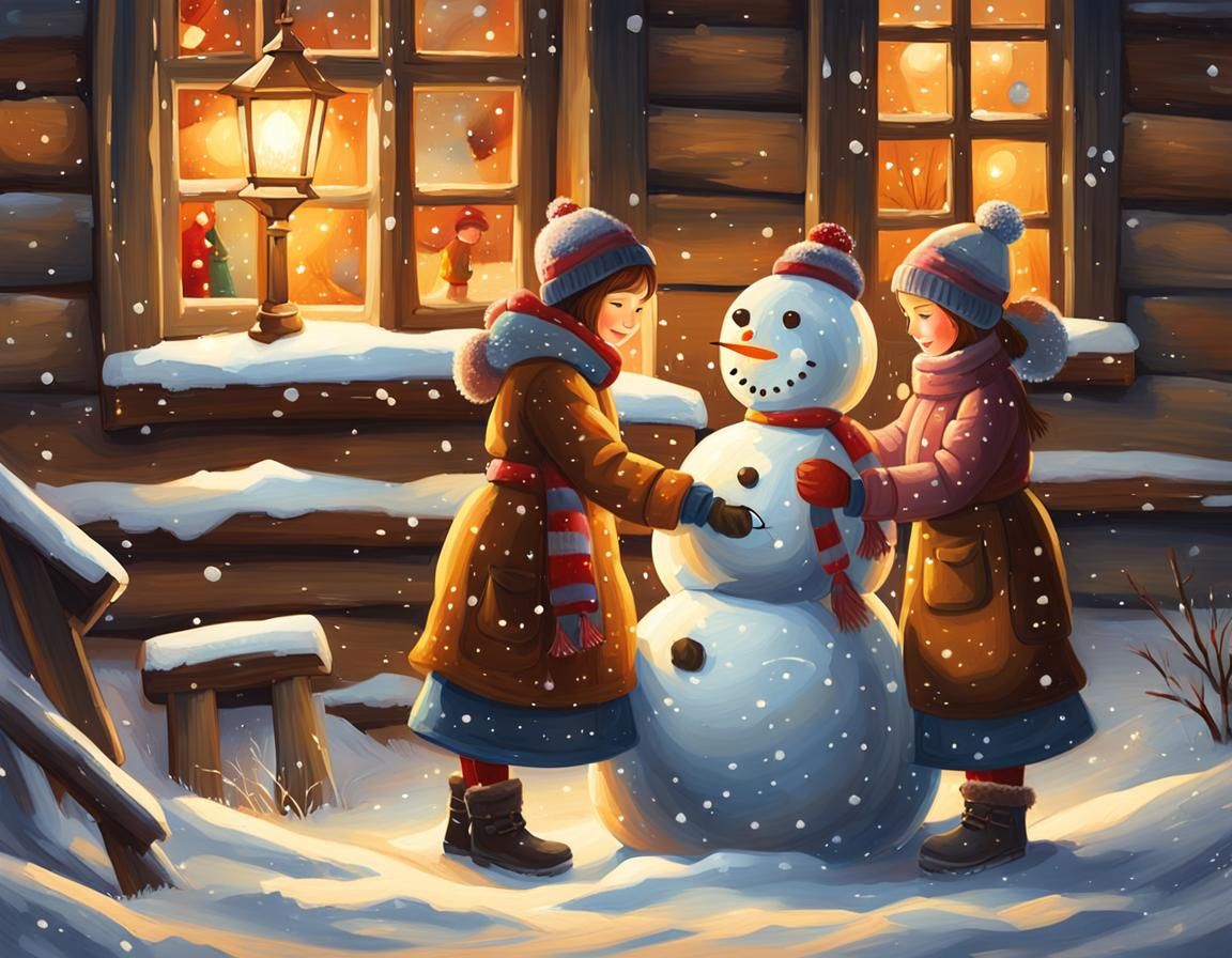 Girls Building a Snowman in Whimsical Folk Art