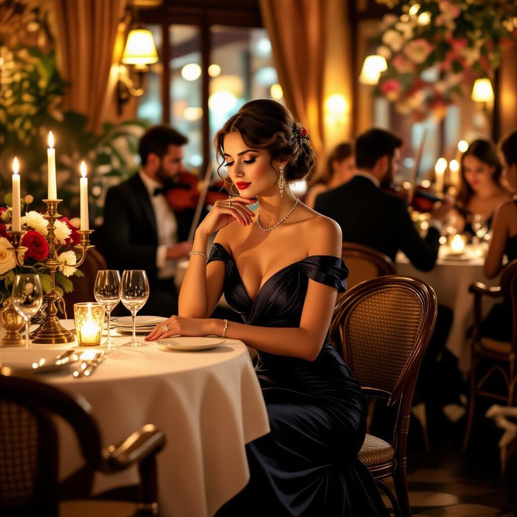 Elegant Woman in Candlelit Italian Restaurant