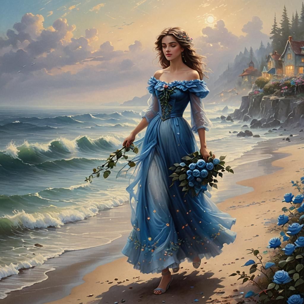 Girl of Blue Roses on Misty Shore: Ethereal Fantasy