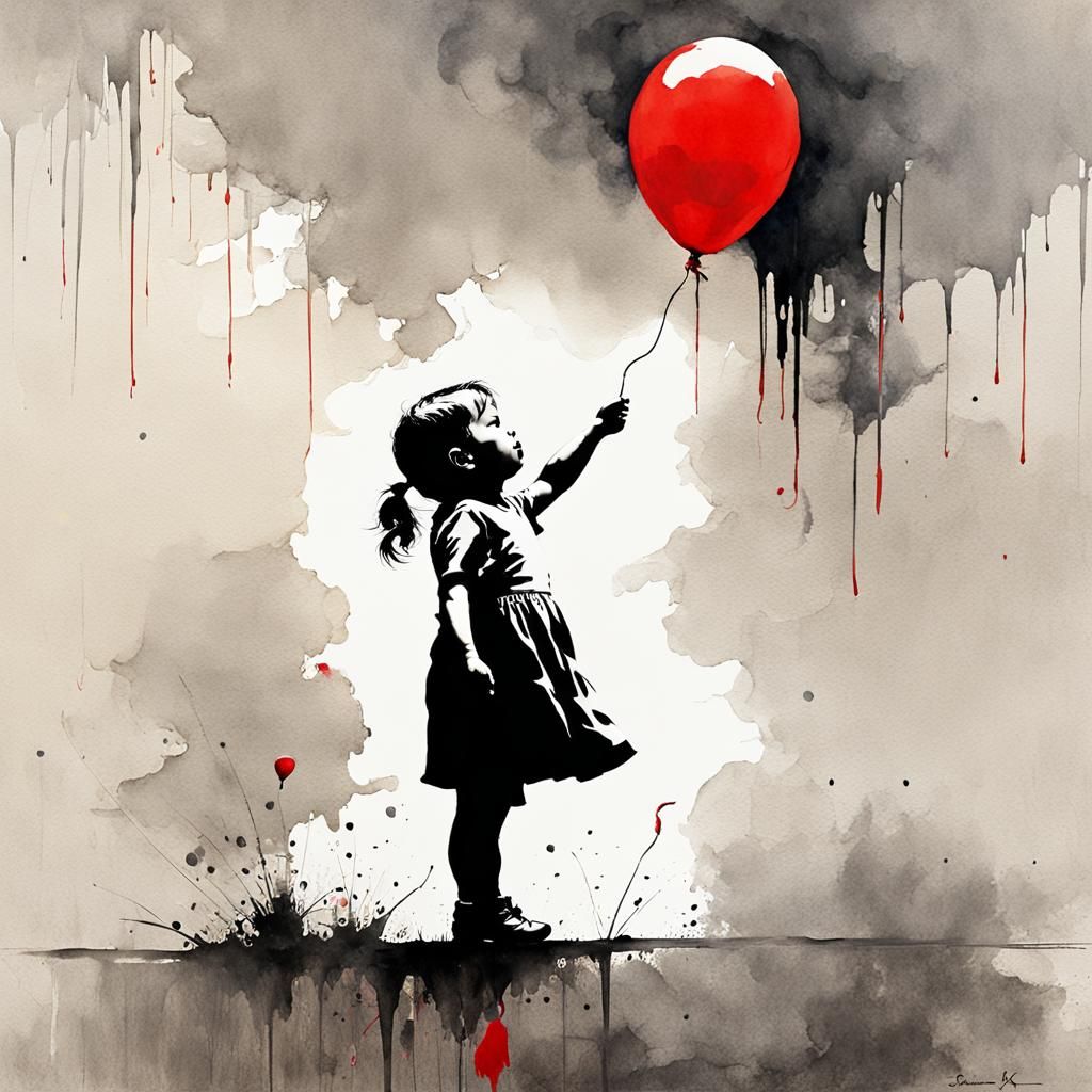Infant Girl with Red Balloon: Watercolor Concept Art