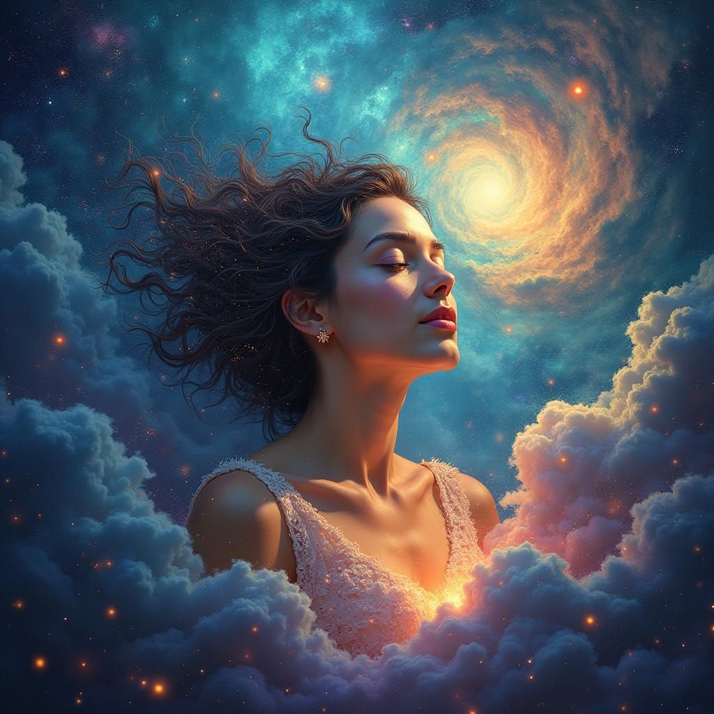 Woman Radiating Love in Cosmic Dreamscape