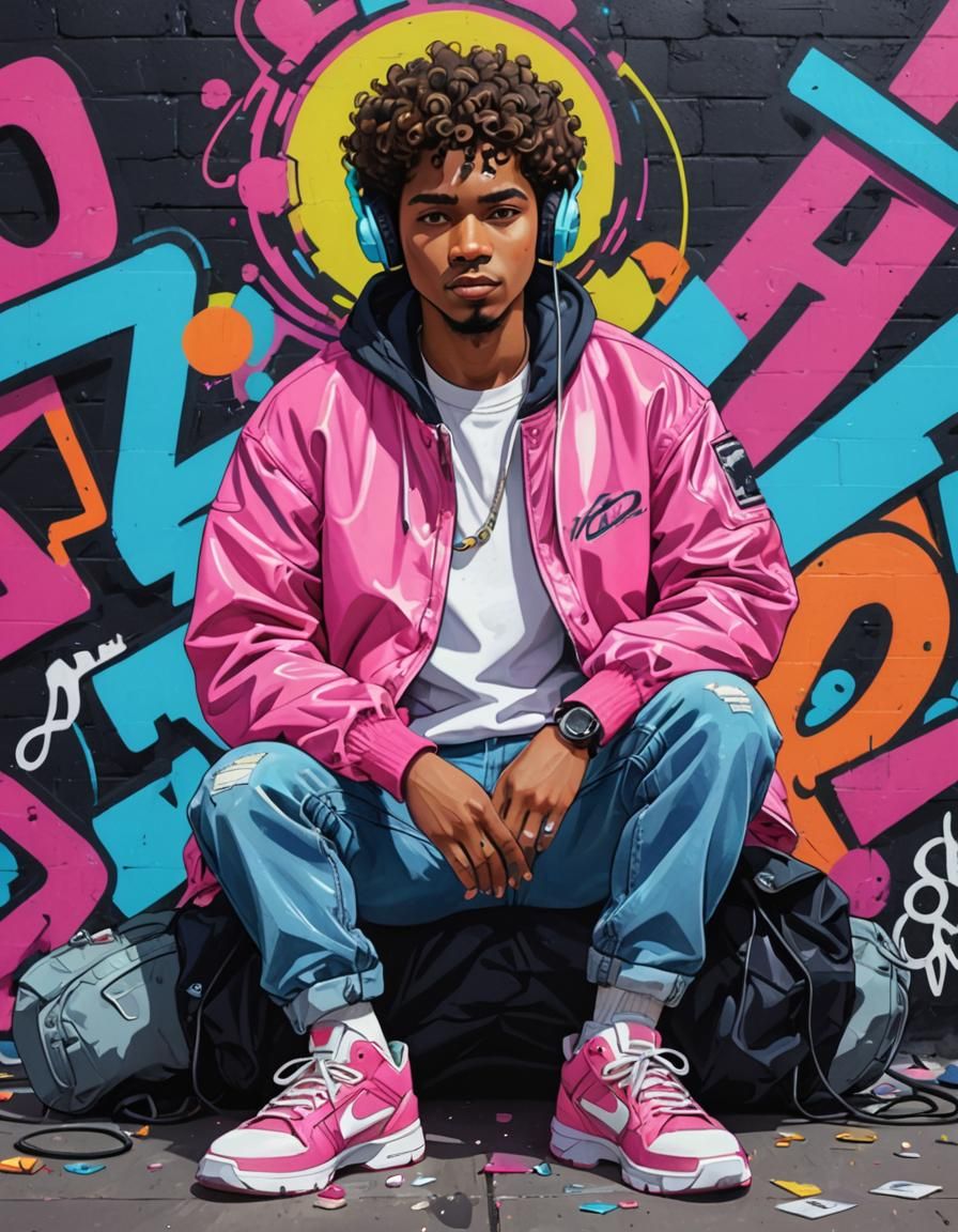 Cartoon Man with Headphones in 80s Anime Style