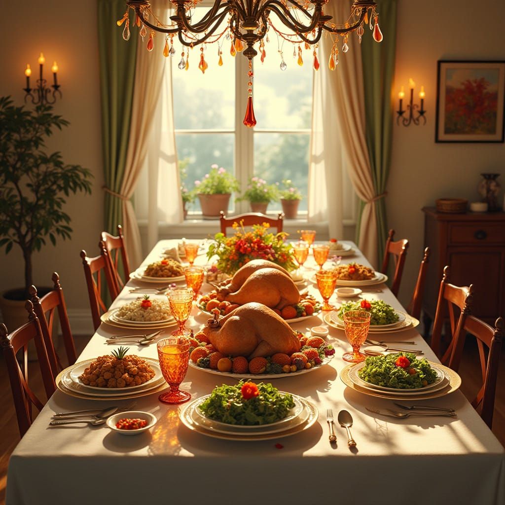 Warm Festive Dinner Table with Vibrant Holiday Dishes