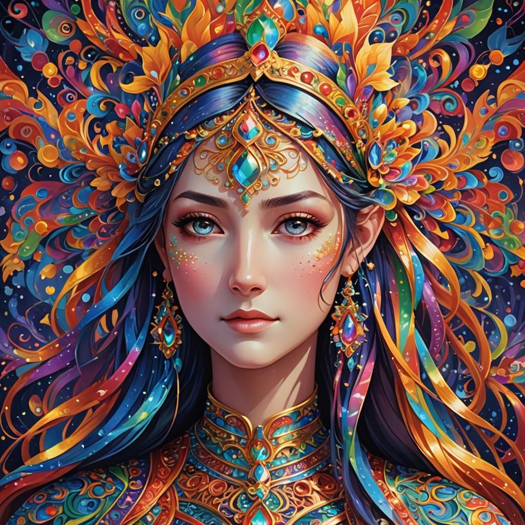 Rainbow Maiden Avatar with Iridescent Patterns