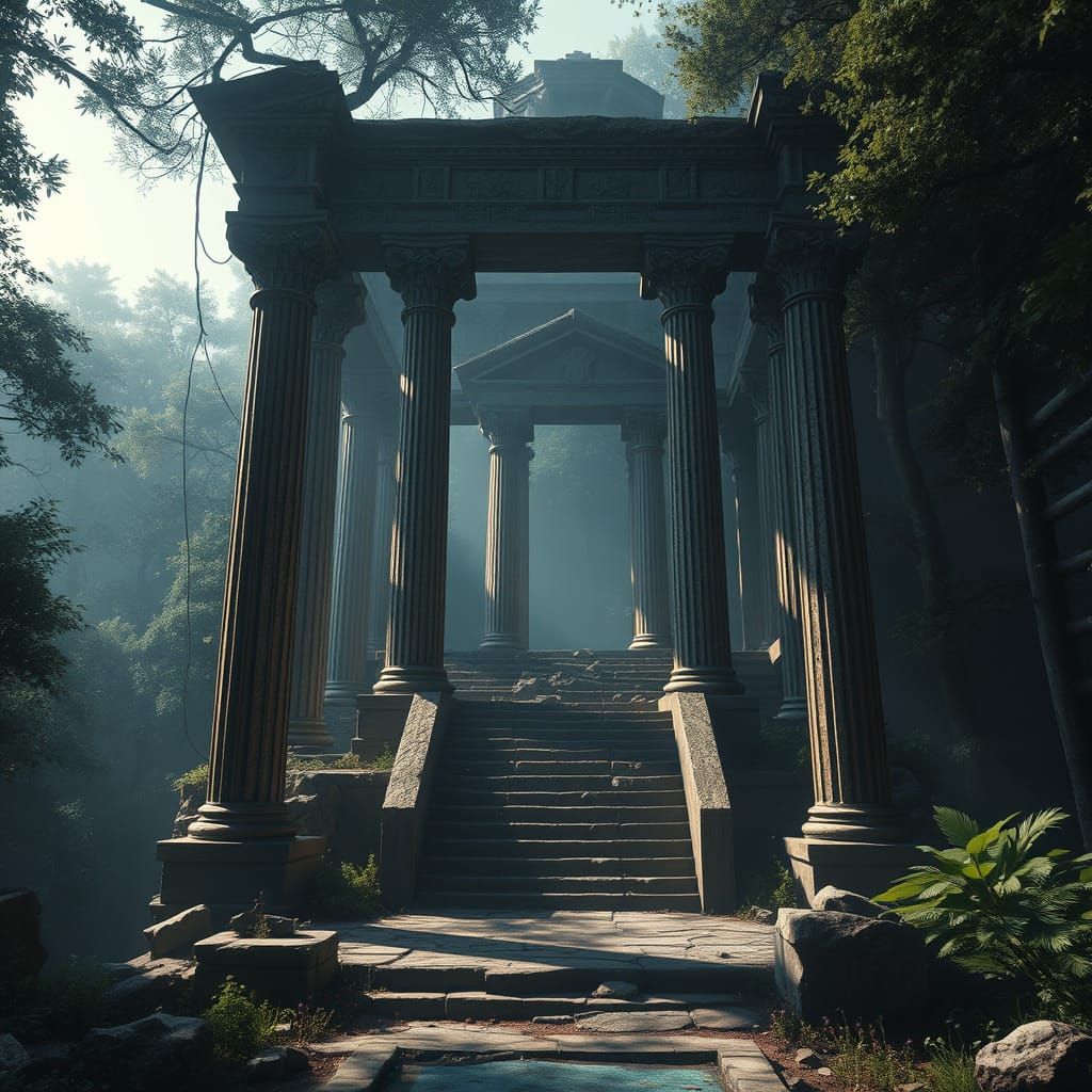 Ruined Temple in Forest with Volumetric Lighting