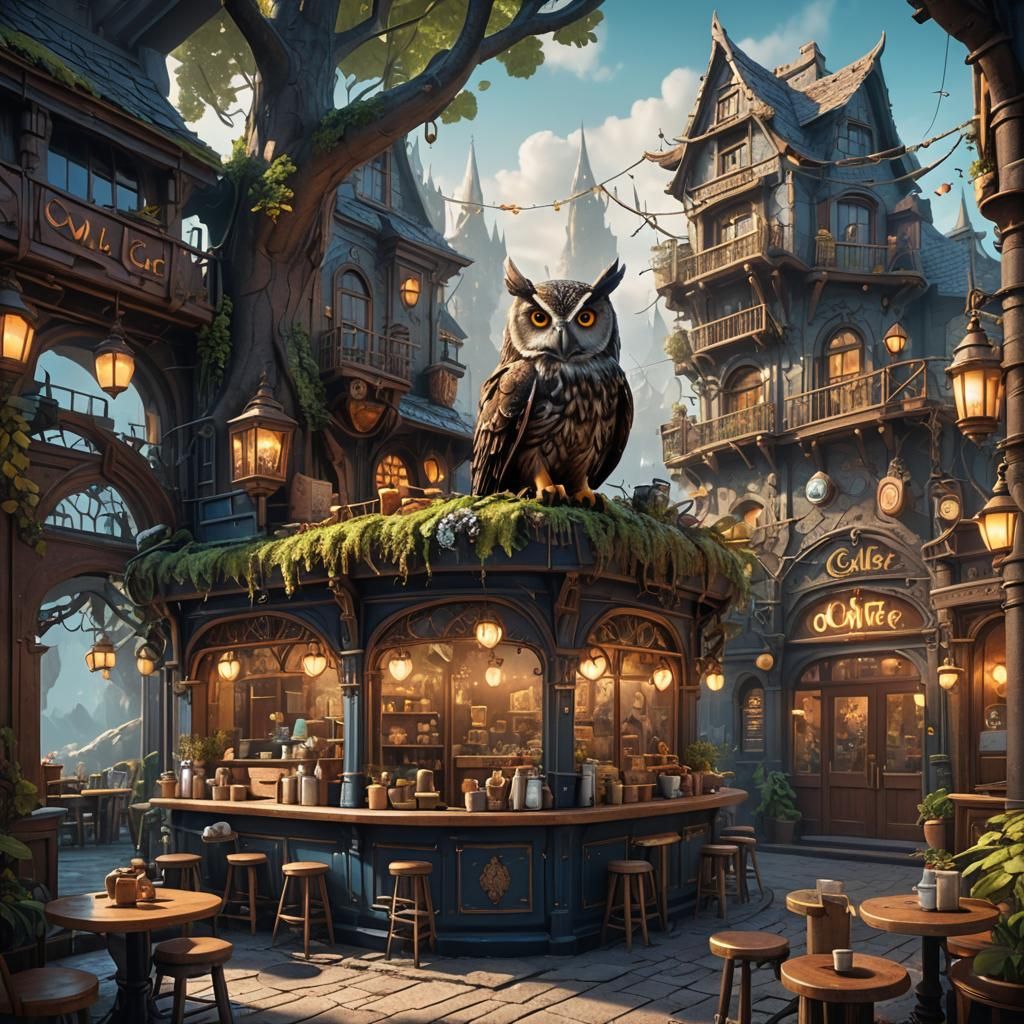 Fantastical Owl Cafe in Detailed Matte Painting