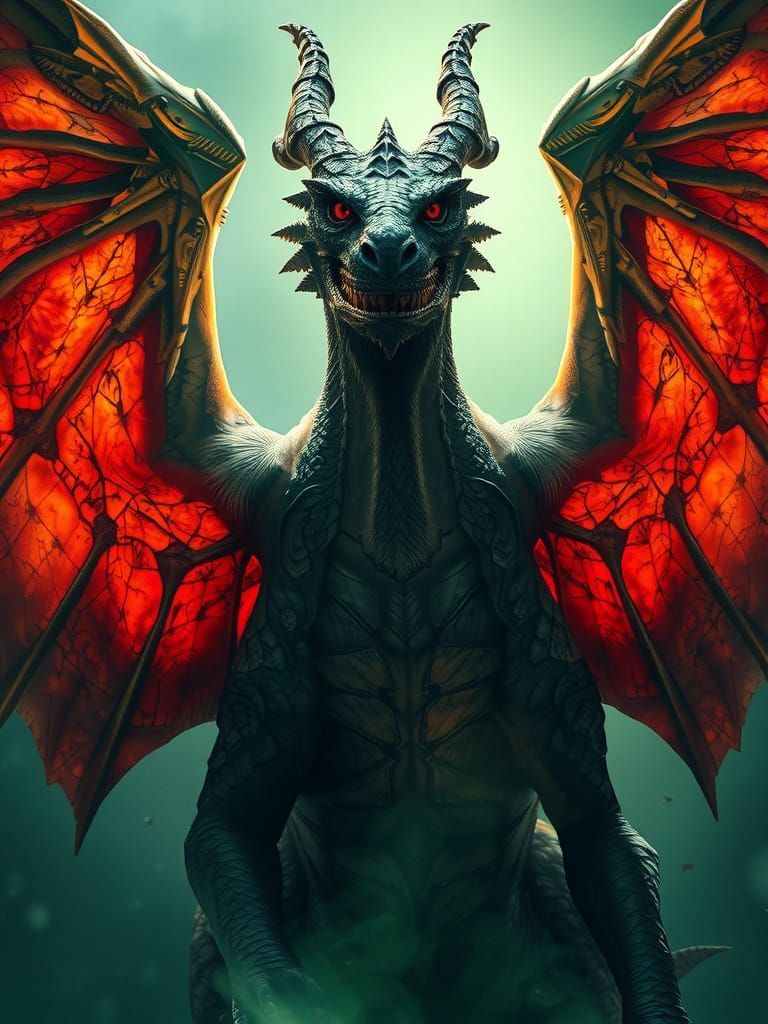 a iluminist portrait of a colossal Dragon with great open wings and inside the wings reflect of a old war. through the b...