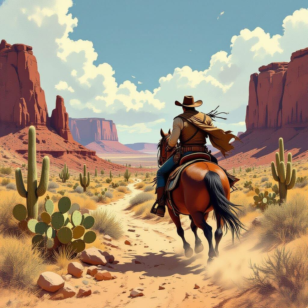 Lone Marshall Chasing Bandits in Desert Landscape