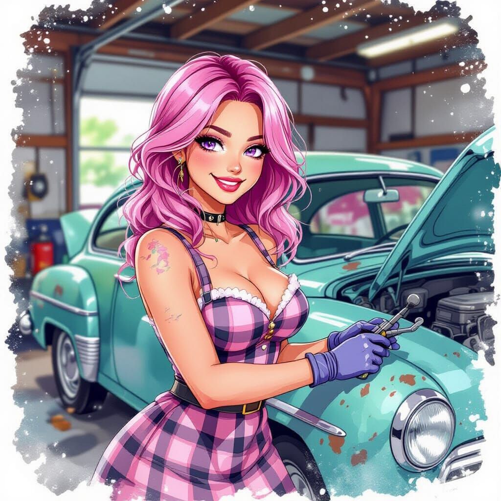 Pink-Haired Mechanic in Watercolor Alcohol Ink Style