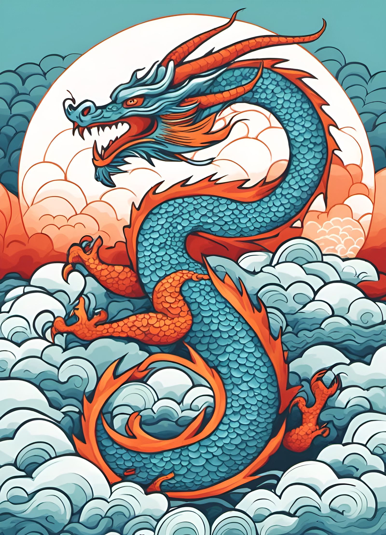 Blue and Orange Dragon in Japanese Style