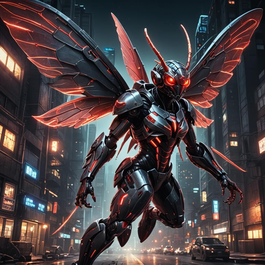 Sci-Fi Biomechanical Moth Warrior in Cyberpunk Style