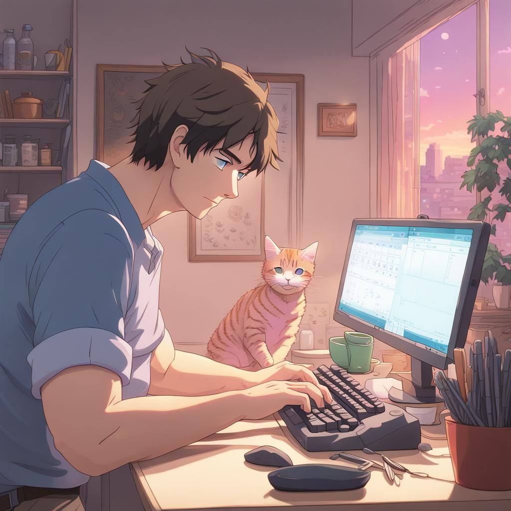 Man Typing, Cat Eating: Anime Key Visual Art