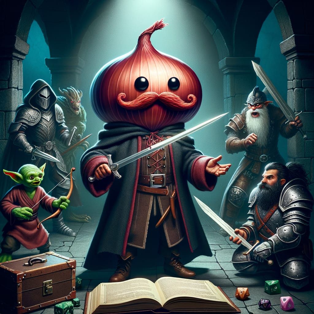 Onion RPG Master with Elf, Goblin, Dwarf, and Cat