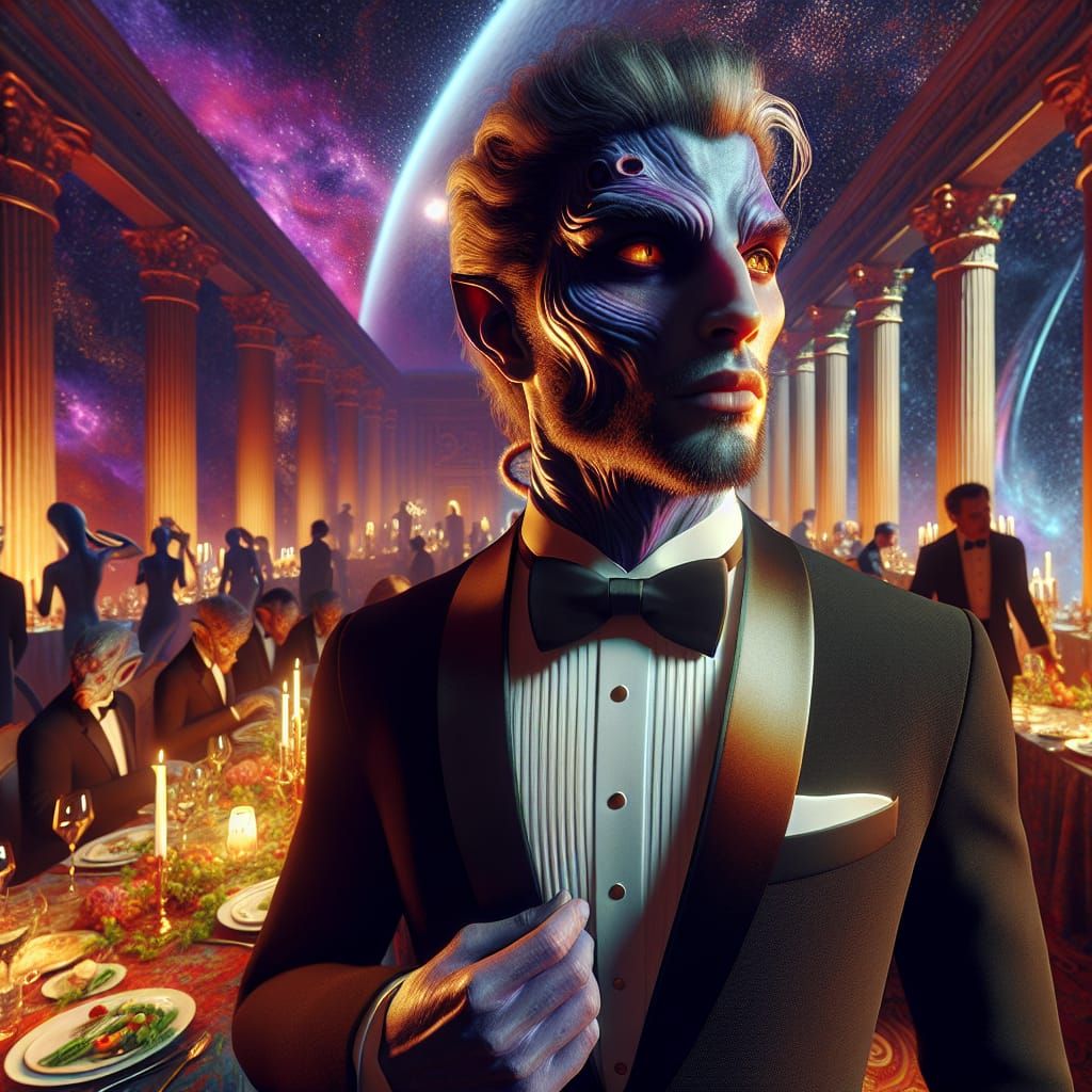 Sophisticated Man in Tuxedo at Neptune Dinner Party