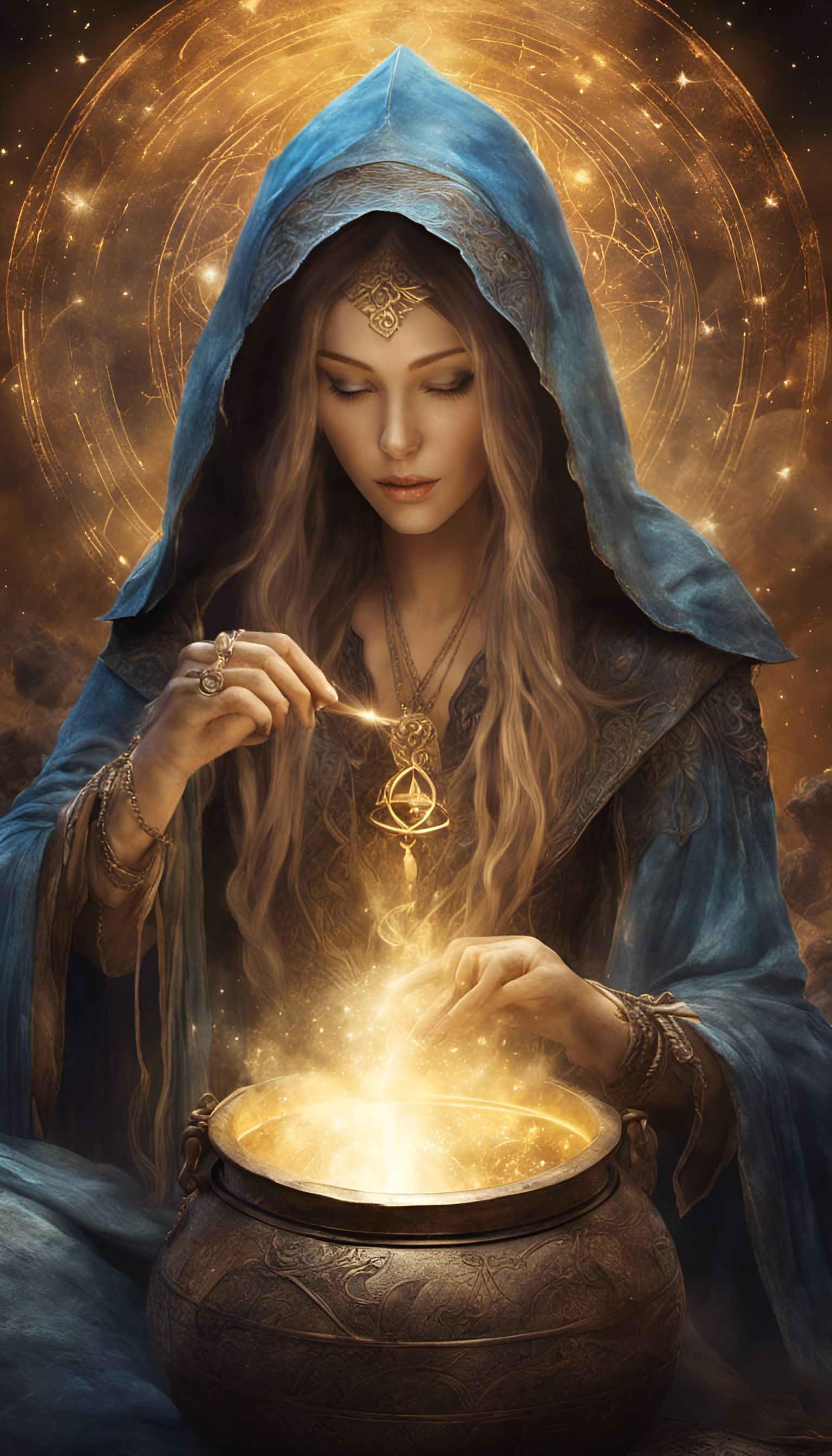 Sorceress Casting Spell in Desert, Digital Watercolor