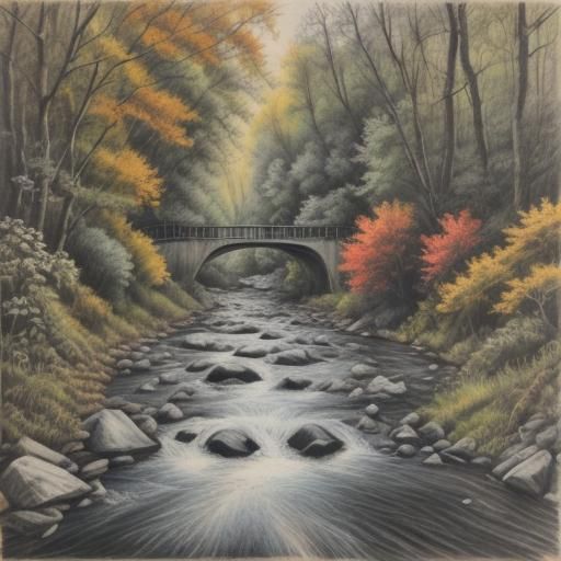Detailed Charcoal Drawing of a Forest Stream Bridge