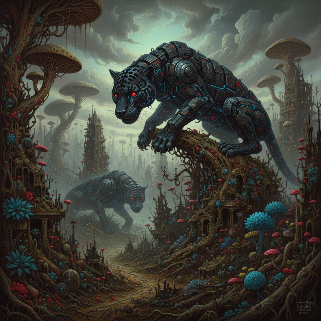 Surreal Jaguars in Beksiński-Inspired Earthscape