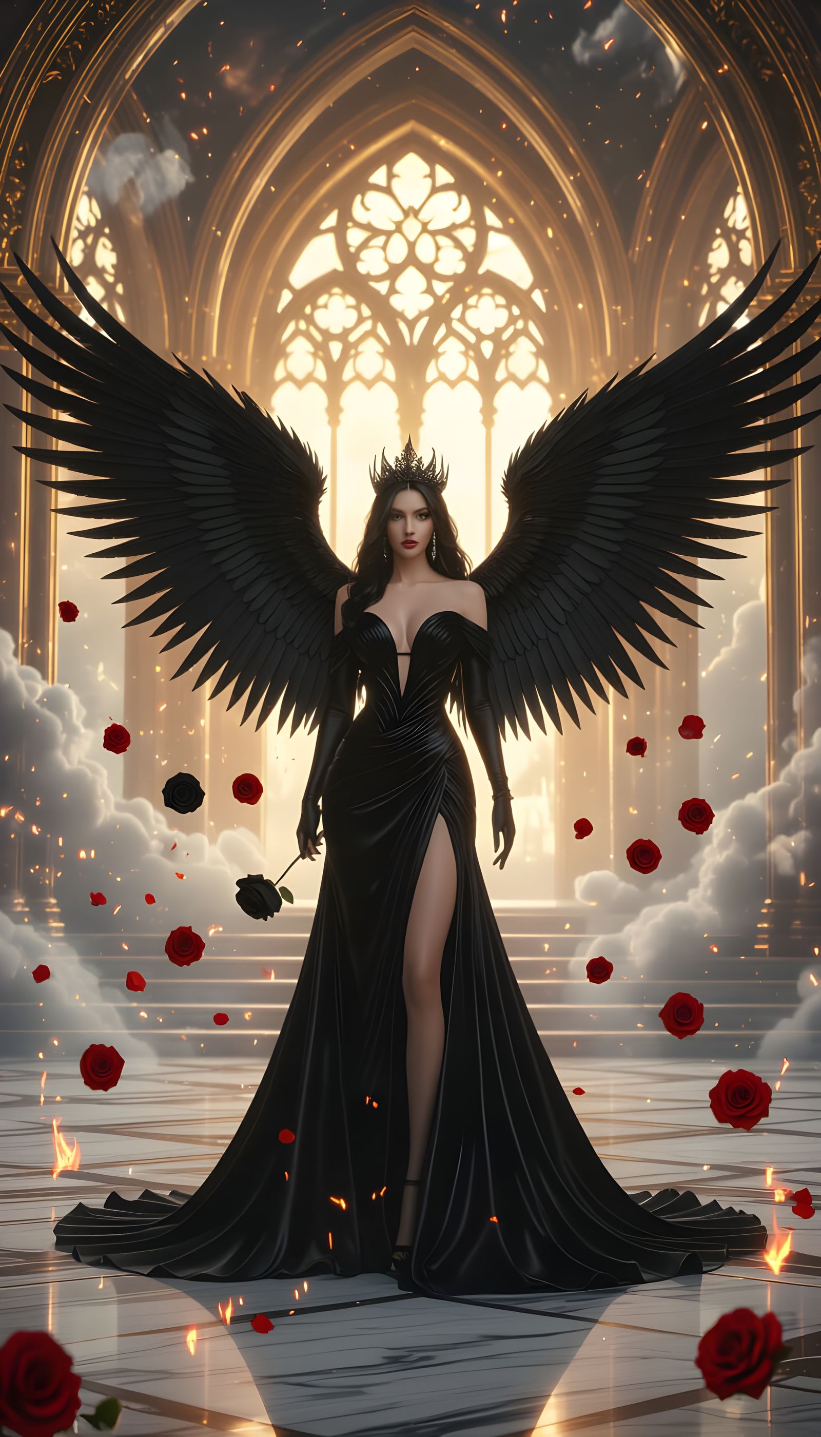 Dark Angelic Queen in Golden Palace with Ember Wings