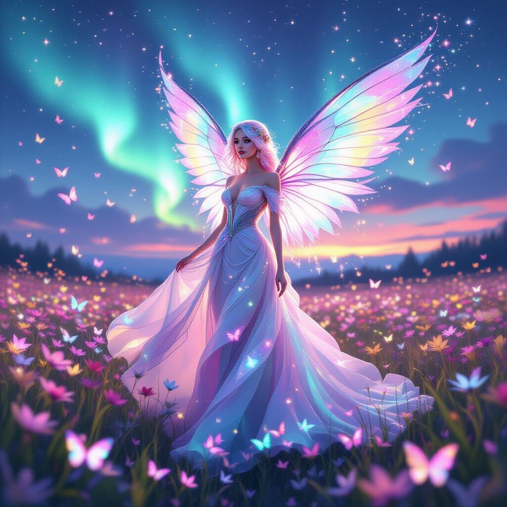 Woman in Iridescent Gown in Enchanted Flower Field