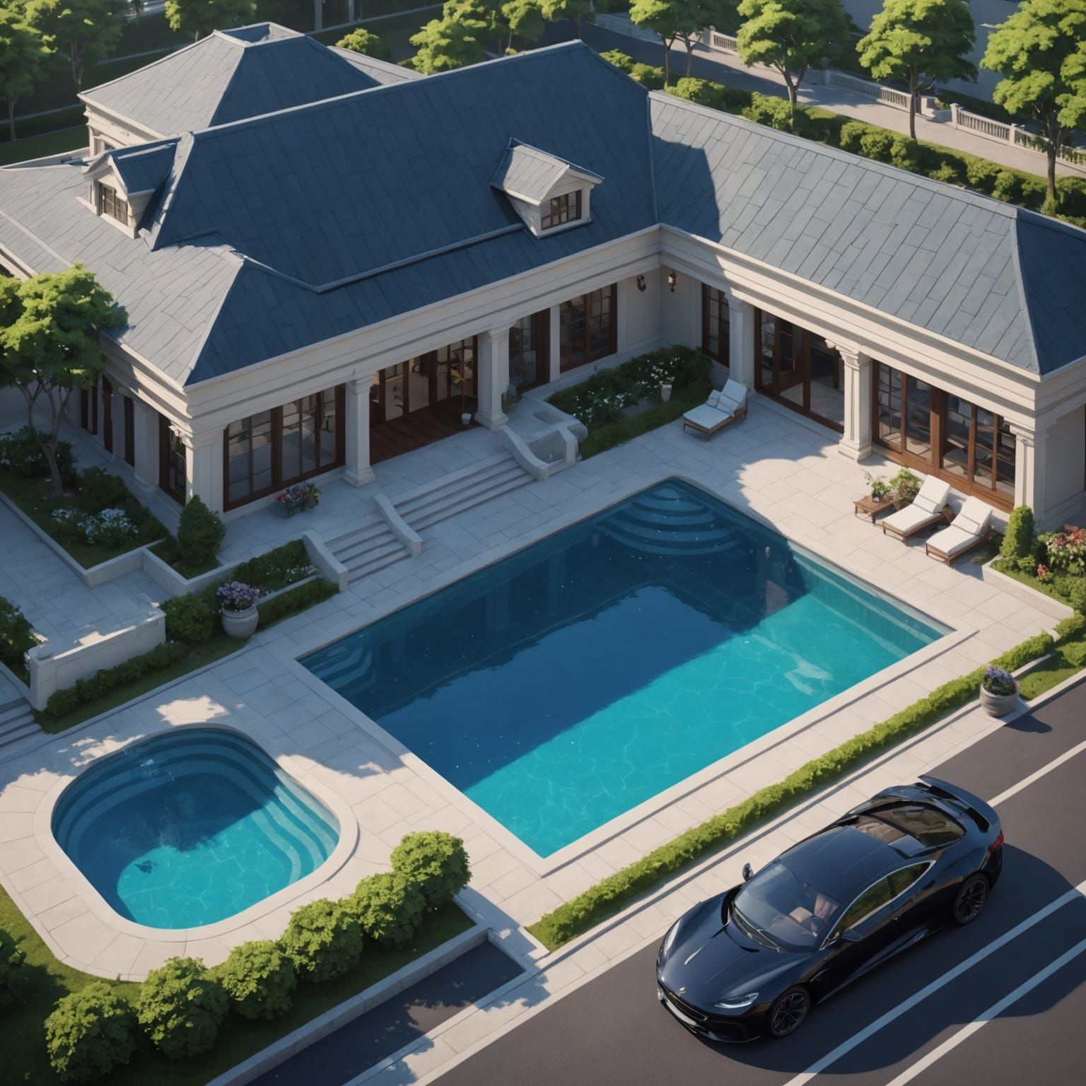 Luxury Estate with High-End Car and Breathtaking Courtyard