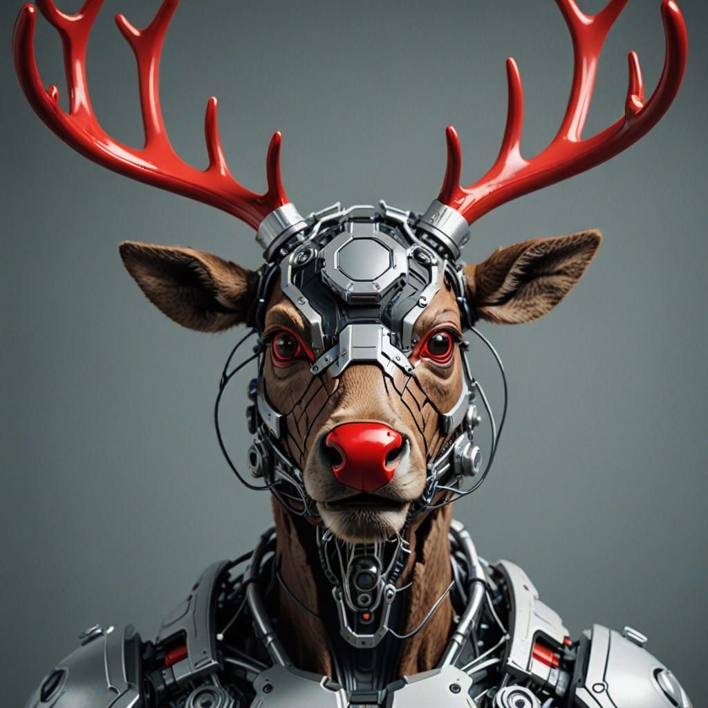 Damaged Cyborg Reindeer with Red Nose
