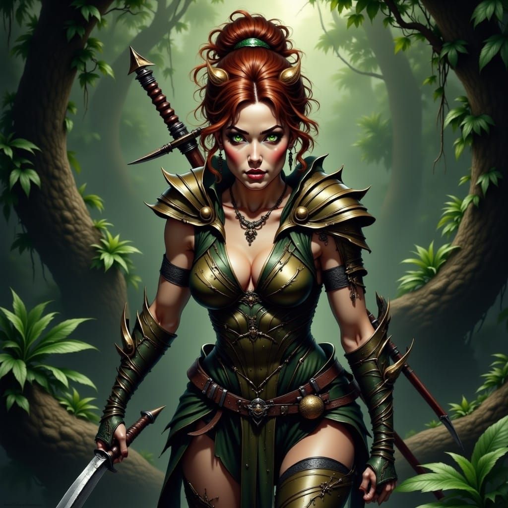 Fierce Huntress in Jungle, Digital Drawing