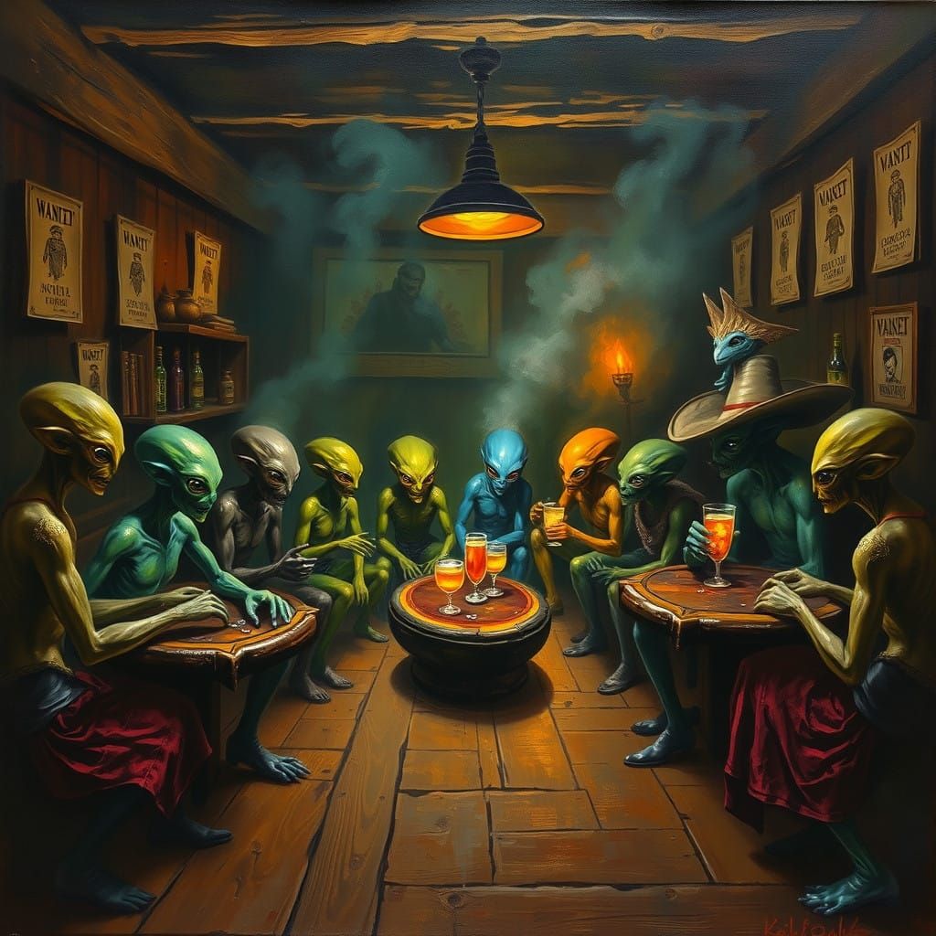 Alien Saloon in Neo-Impressionist Style