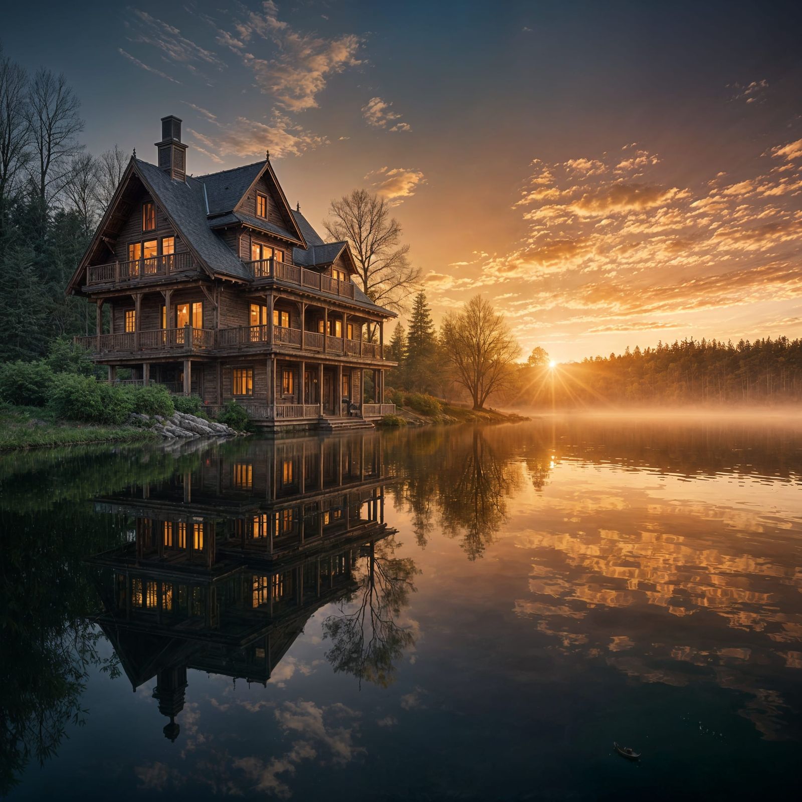 Majestic Lakeside Mansion at Golden Hour