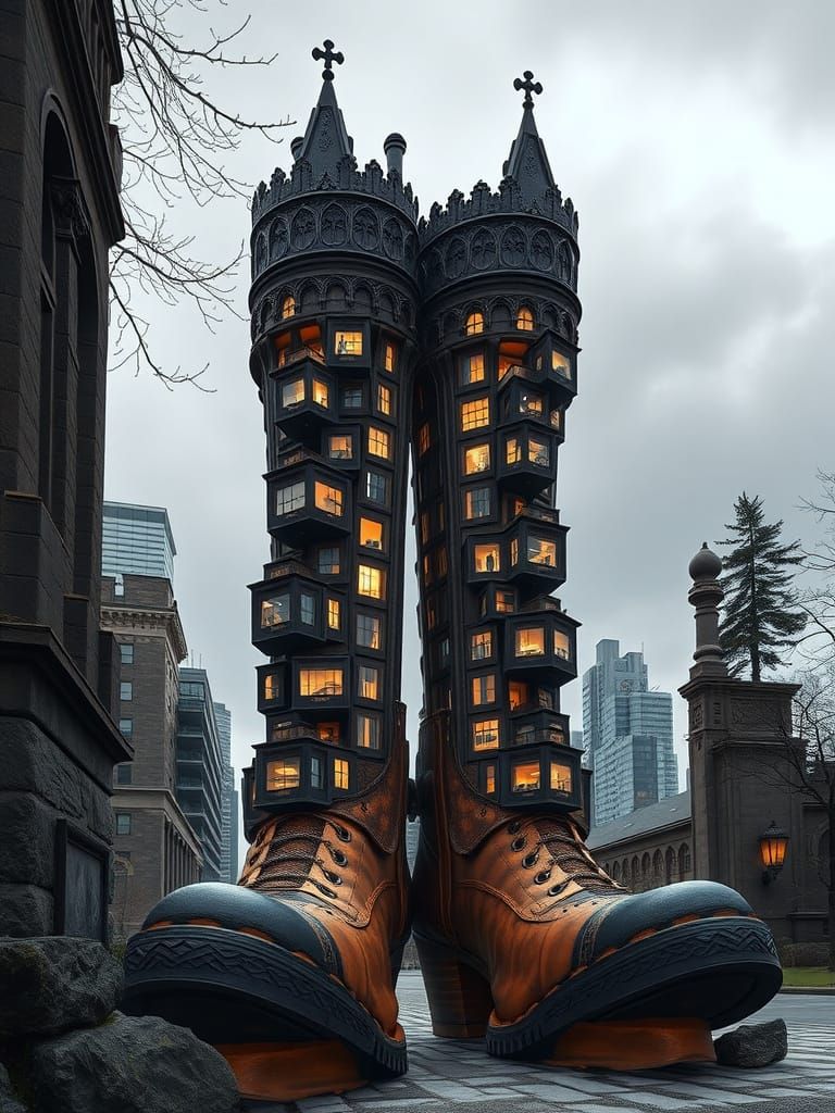 Giant Gothic Boots as Skyscraper Housing Units