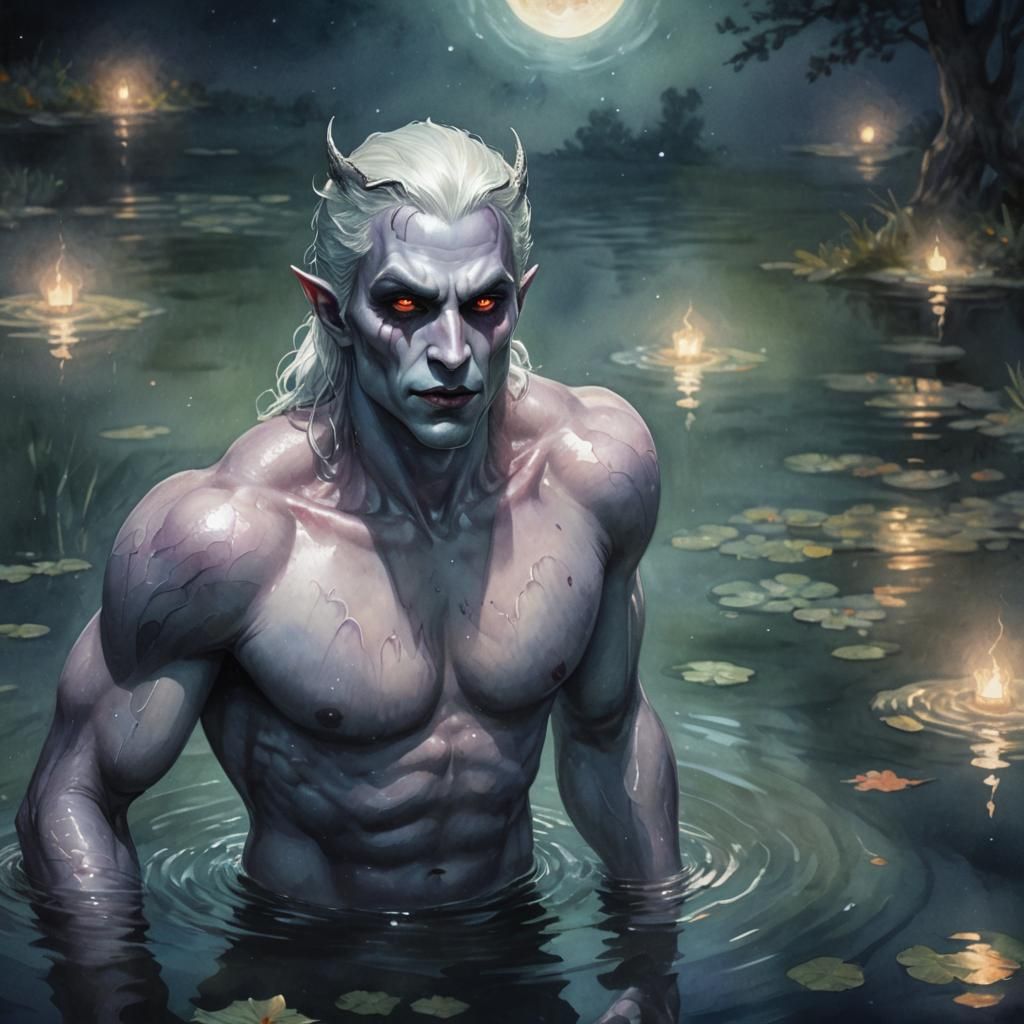 Drow Vampire Merman in Moonlit Pond: Digital Art