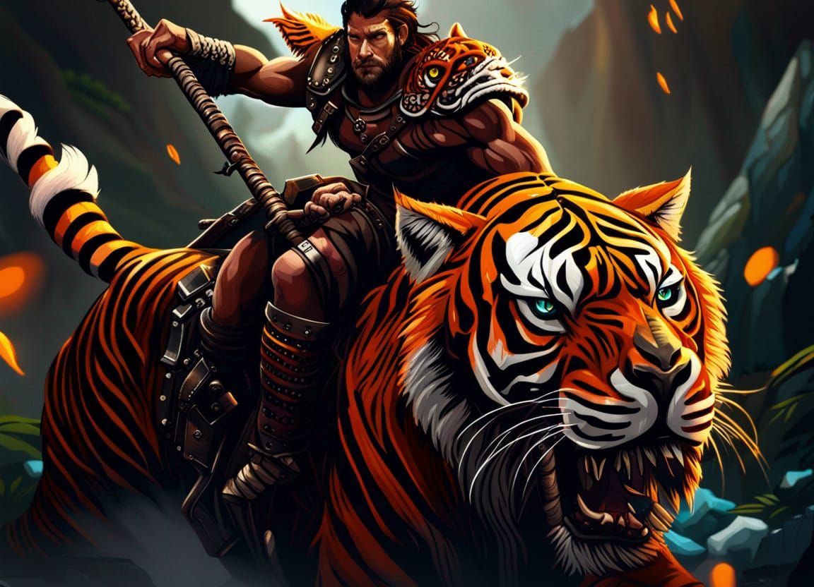 Barbarian Riding a Tiger in Detailed Matte Painting