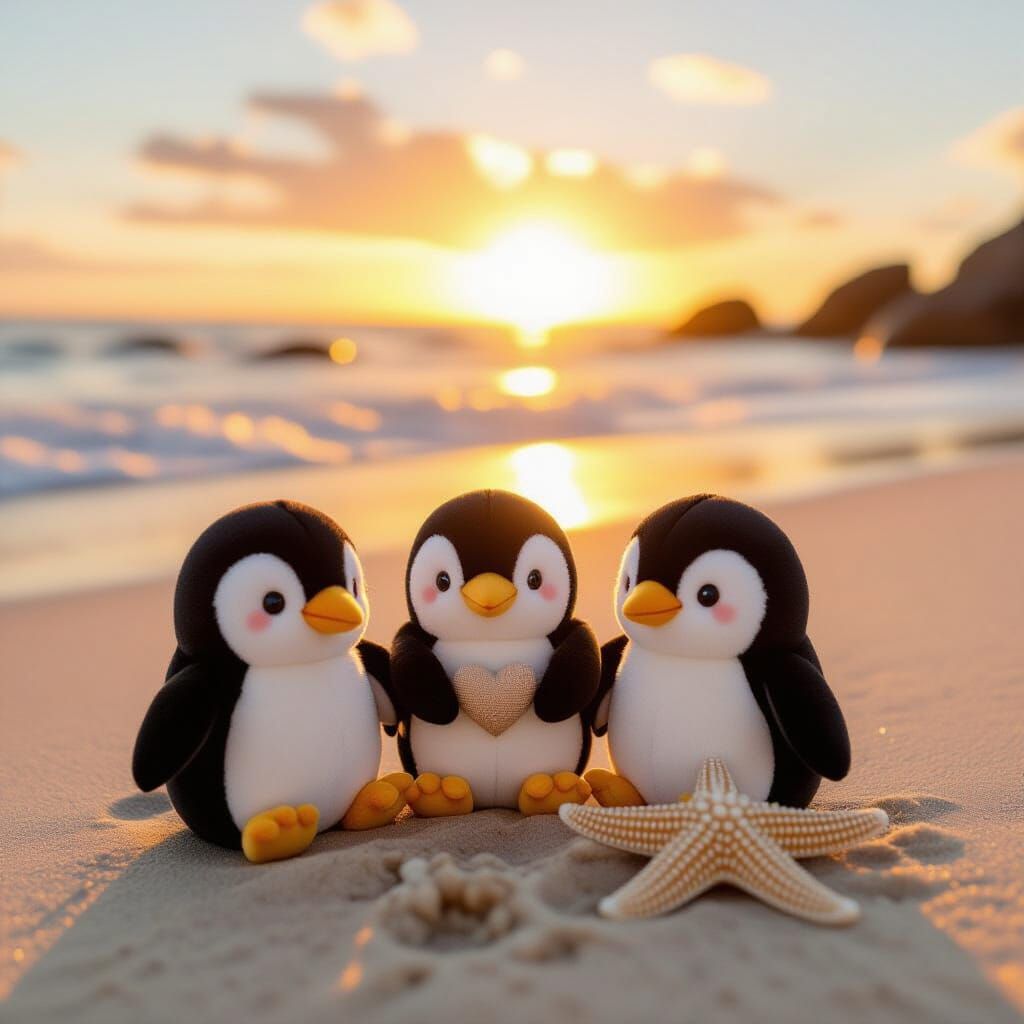 Miniature Plush Penguins at Sunset