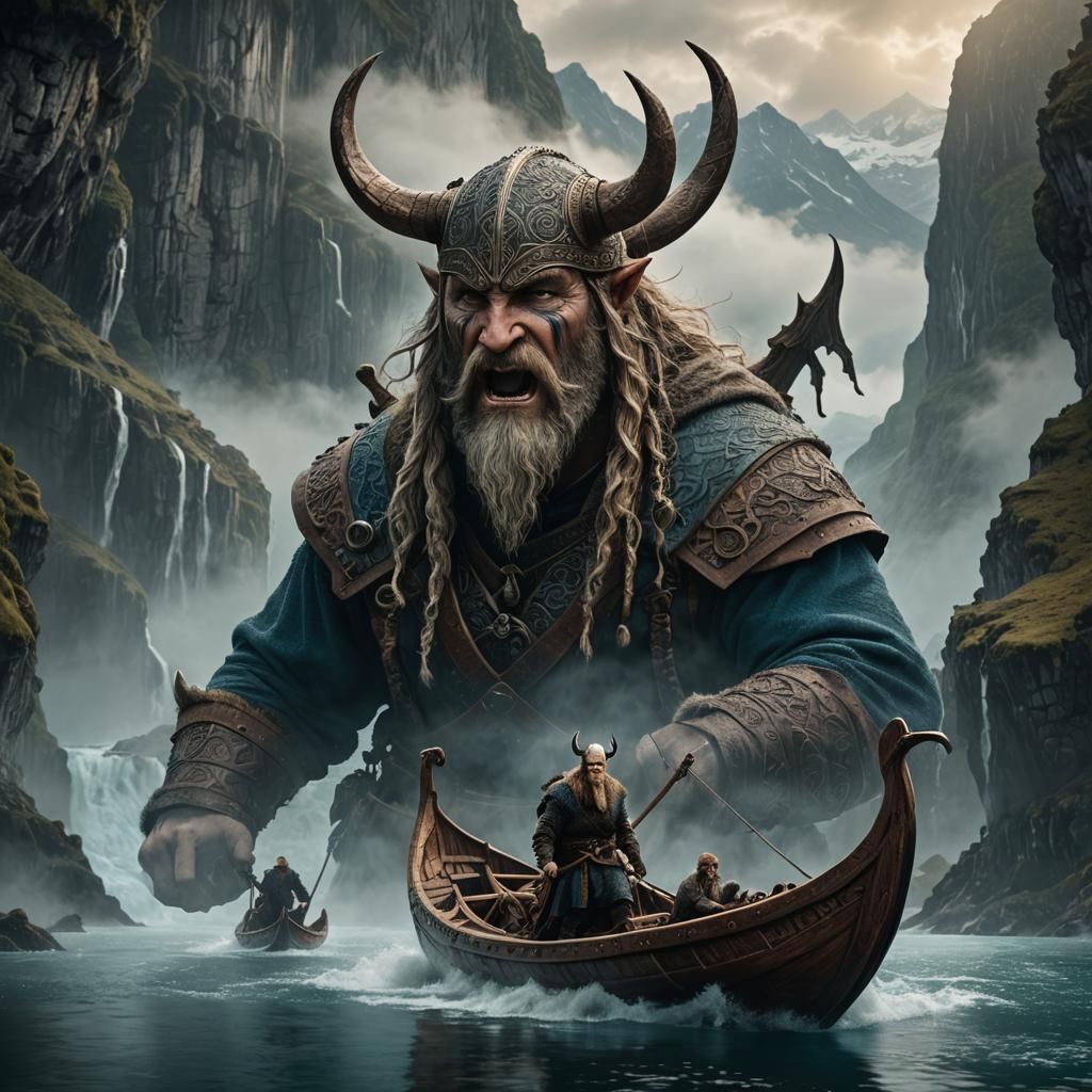 Viking Sails Mystical Fjord in Fantasy Art