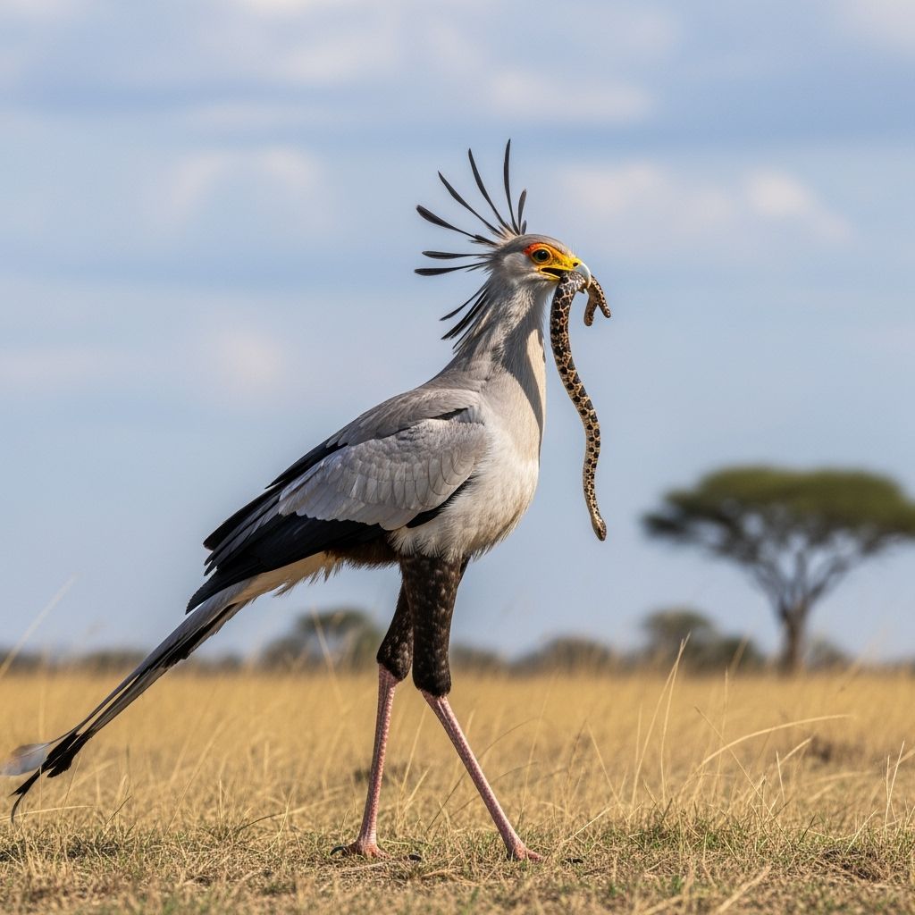 Secretarybird Hunting Snake in African Savanna