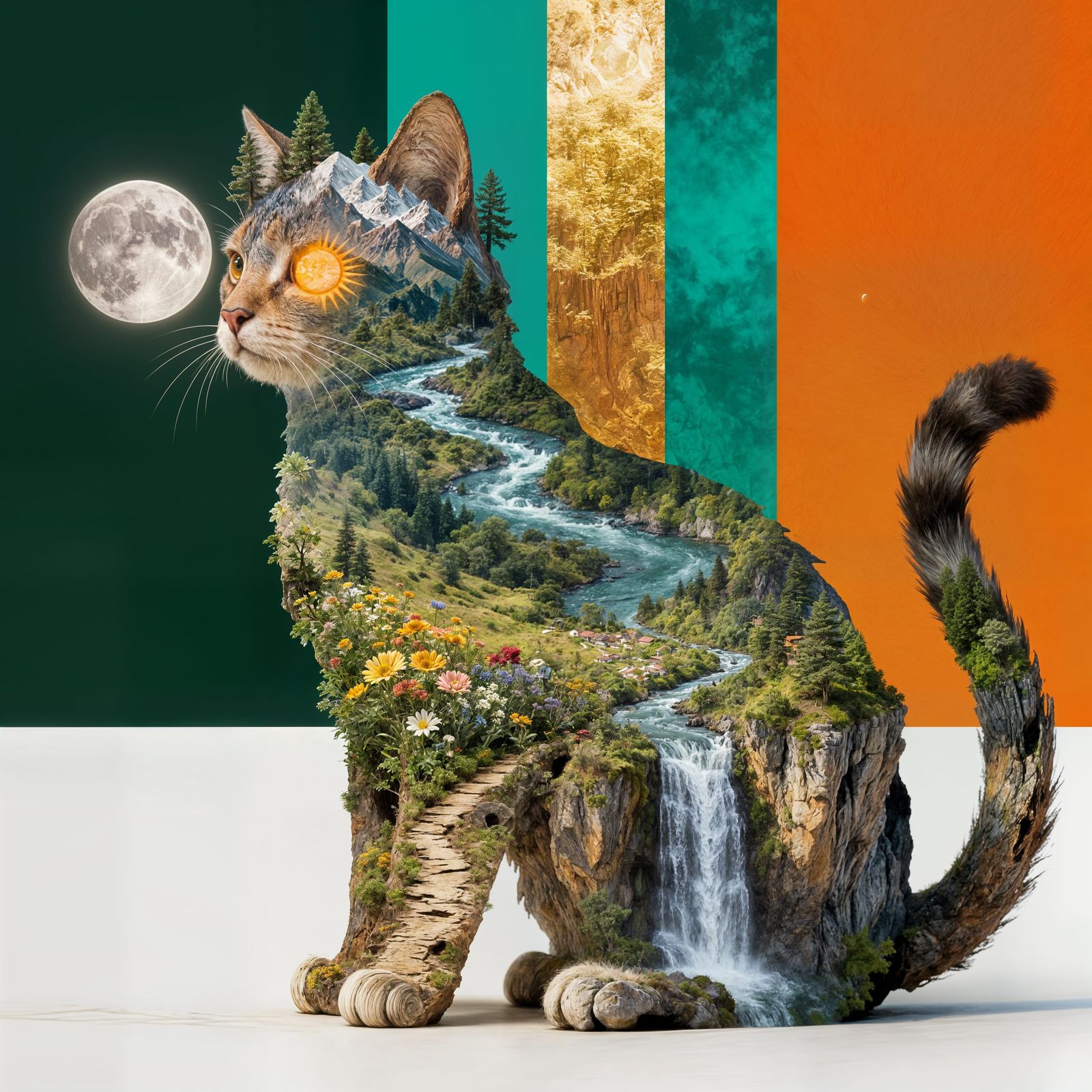 Whimsical Cat Profile Made of Nature Elements in 8k Render