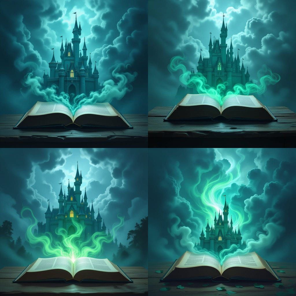 Magical Castle Emerges from Open Storybook Amidst Storm Clou...
