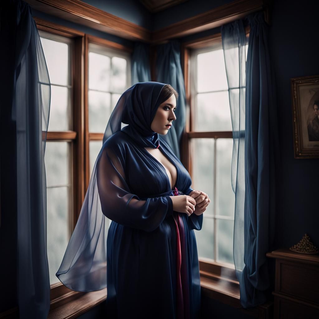 Wearing silk robes of see-through tulle. Long puffy chiffon. Big Beautiful Women BBW Wearing Long Sleeve satin modest ni...