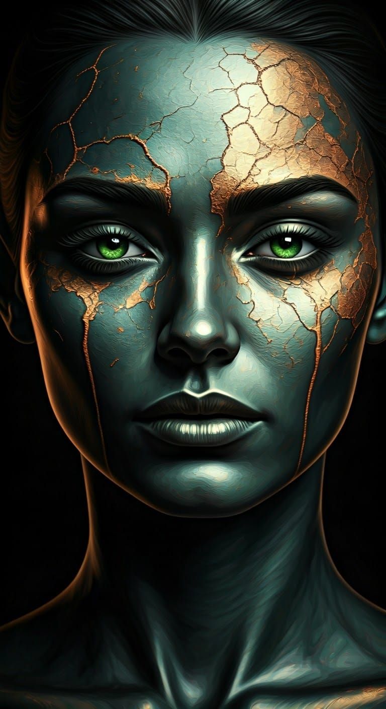 Modern Goddess with Emerald Eyes and Golden Tears